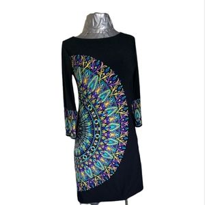 London Times Black Multicolor Graphic Mandala printed 3/4 sleeve dress Sz 8